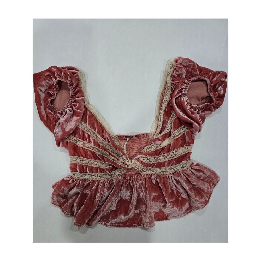 Free People Yours Truly Velvet Top Womens Small Mauve Lace Puff Sleeve Boho - Picture 16 of 16